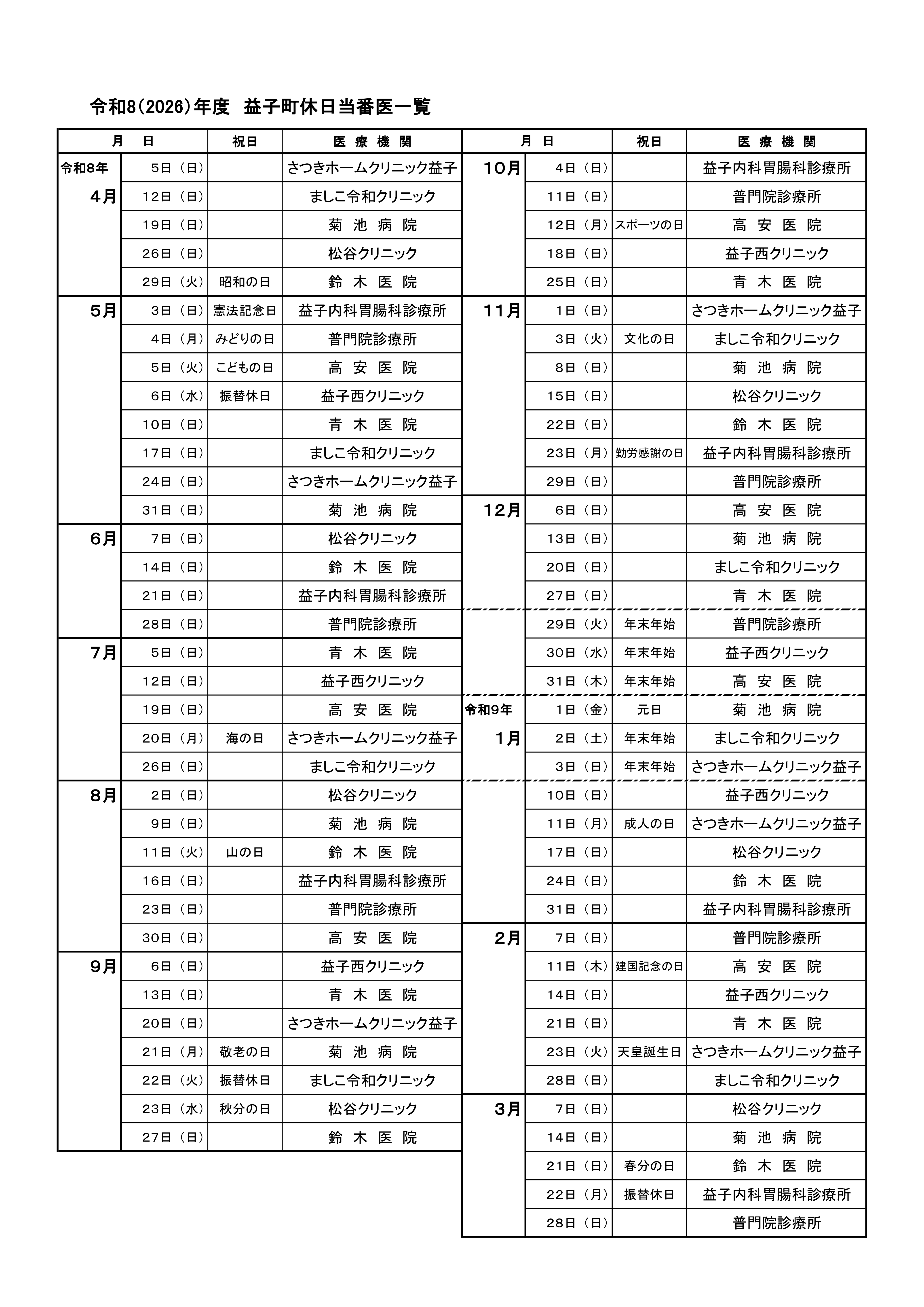 令和8(2026)年度　休日当番医一覧
