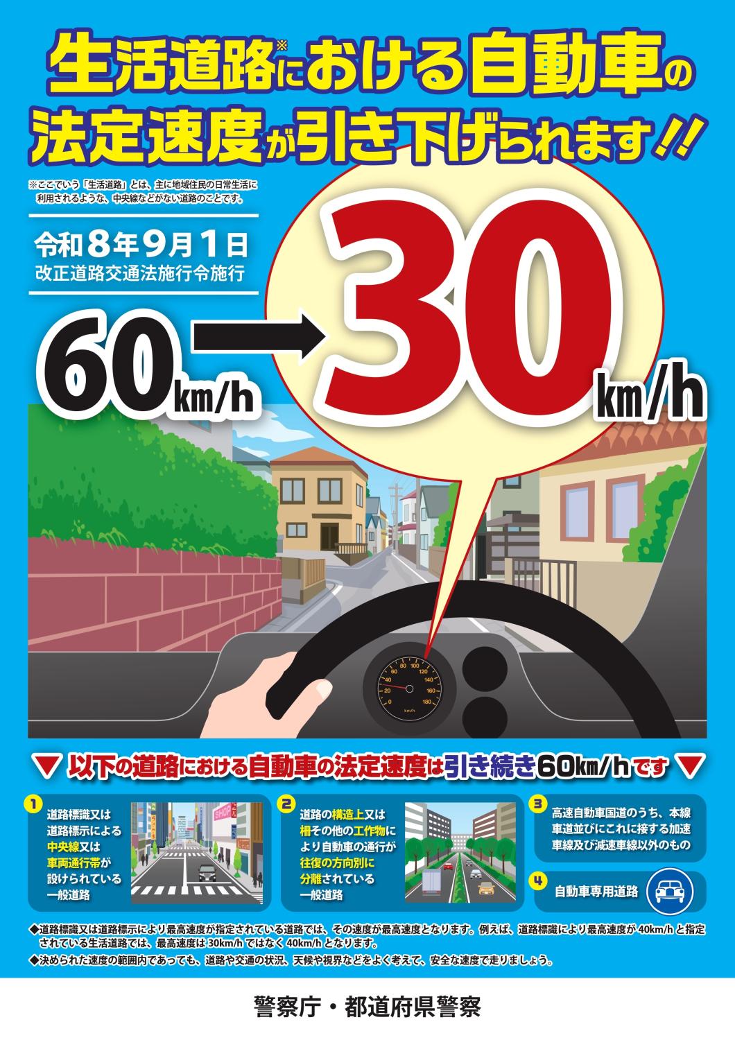 生活道路の法定速度が引き下げられます