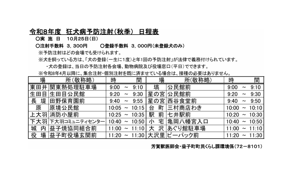 令和8年度狂犬病予防注射(秋季)